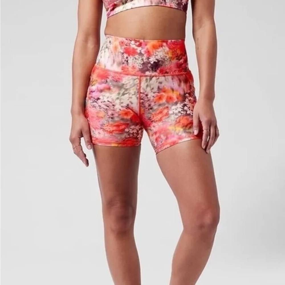 Athleta Pink and Green Bike Shorts High-Waisted Floral